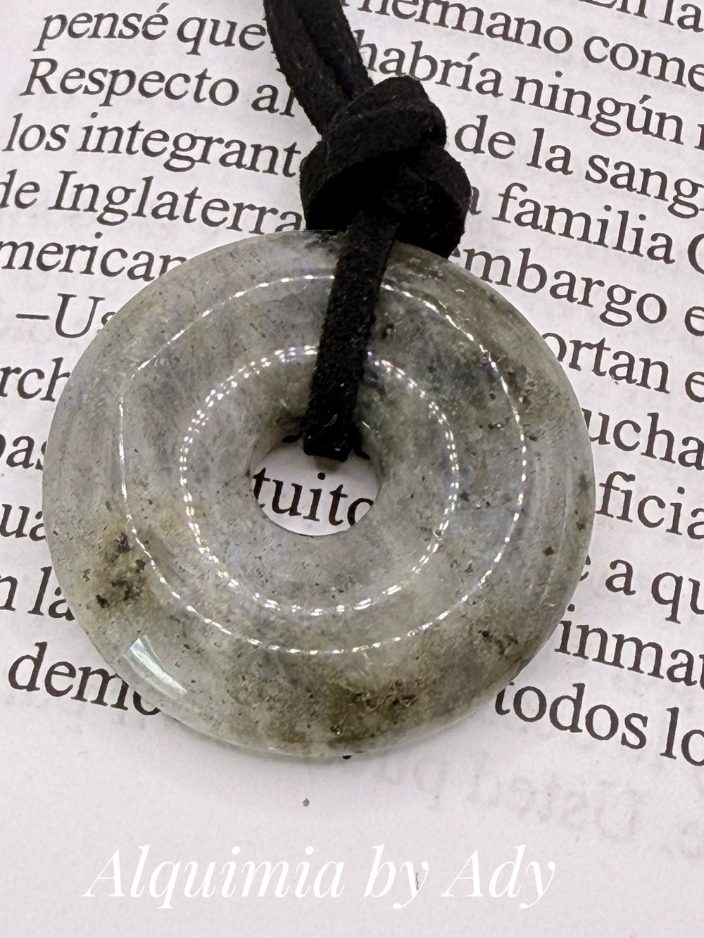 Labradorite Grey Stone Donut Necklace on Black XL SUEDE Cord